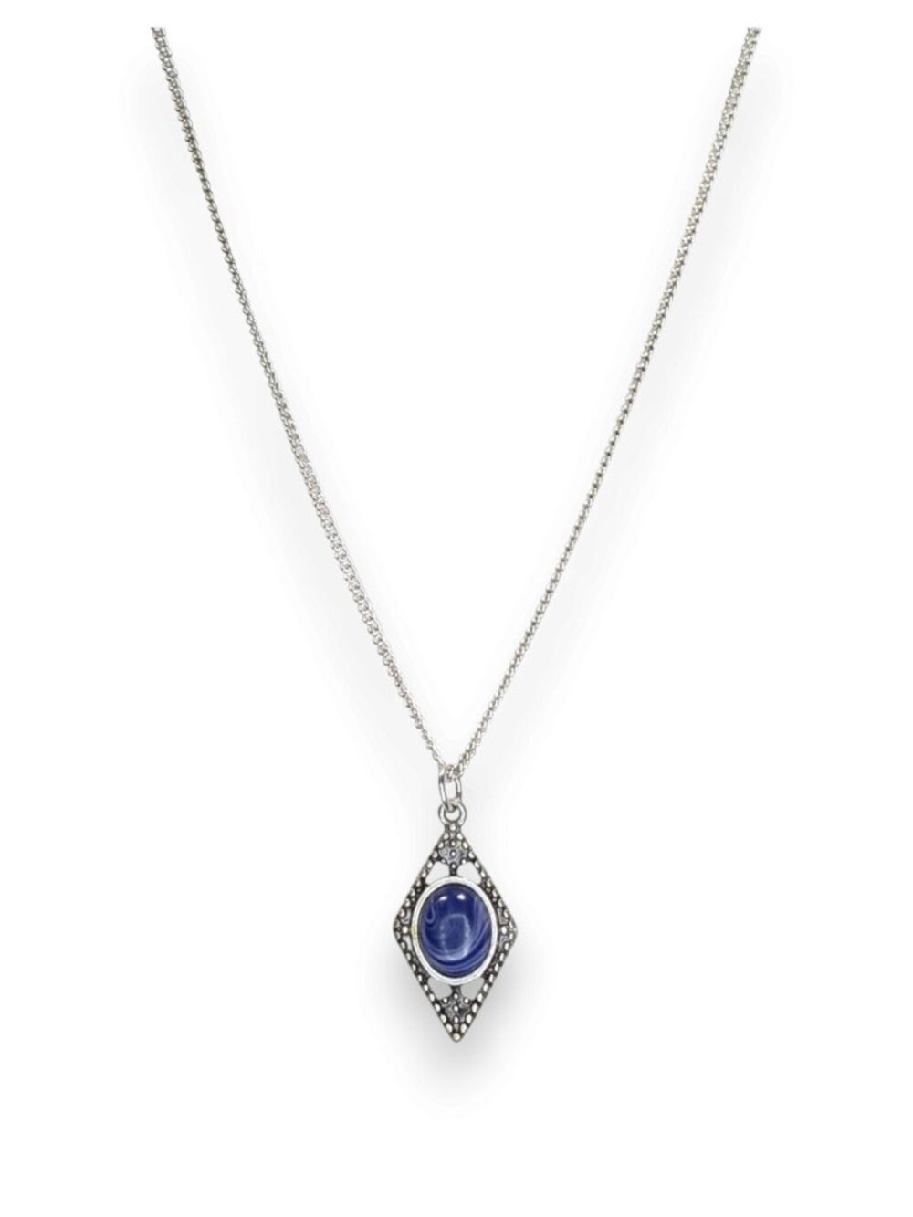 Art Deco Lapis Lazuli Blue Cabochon Silver Tone Filigree Pendant Necklace 18 Inc